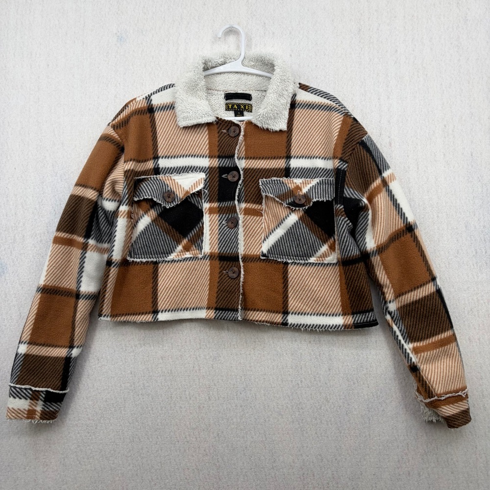 Taxi Women Brown Plaid Cropped Shacket Faux Shearling Collar Fleece Jacket Small